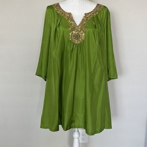 LAFAYETTE 148 New York Beaded Shirt Tunic Top 3/4 Sleeve Green 100% Silk Size 18